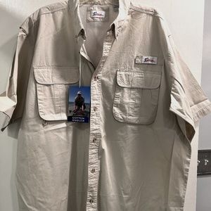 NWT World Wide Sportsman Fishing Shirt Men's 2XL Tan Button-Up Short Sleeve